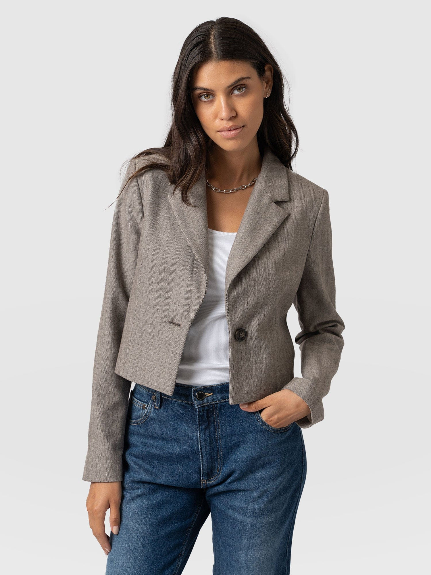 Astrid Cropped Blazer - Brown Herringbone | Saint + Sofia