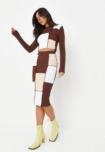 Missguided - Chocolate Co Ord Rib Colourblock Exposed Seam Midi Skirt | Missguided (UK & IE)
