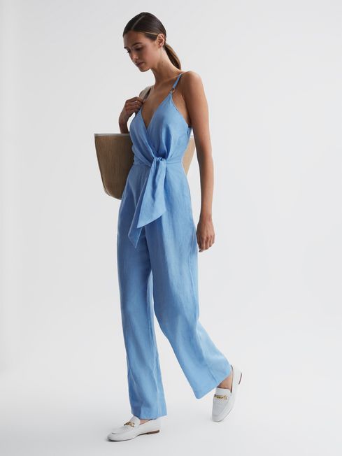 Reiss Blue Emily Linen Side Tie Jumpsuit | Reiss UK