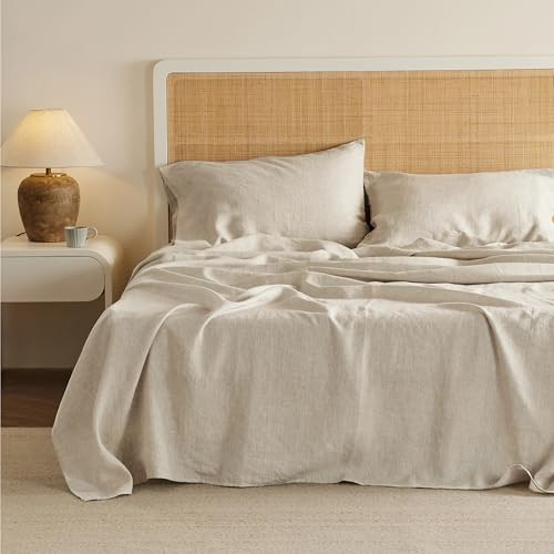 Bedsure Linen Sheets - Queen Linen Bed Sheet, 4 Pcs Linen Cotton Sheets Queen Size Set, Linen Cotton Blend Sheets for All Seasons, 1 Flat Sheet, 1 Fitted Sheet and 2 Pillowcases (Linen, Queen) | Amazon (US)