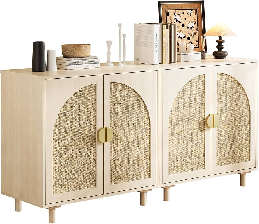 Rattan Storage Cabinet, Beige Boho Sideboard with Adjustable Shelf, Magnetic Door Latch. [2pcs, B... | Amazon (US)