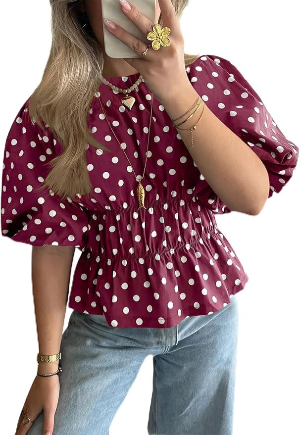 Cicy Bell Womens Polka Dots Peplum Tops Summer Puff Short Sleeve Round Neck Blouses Trendy Casual... | Amazon (US)