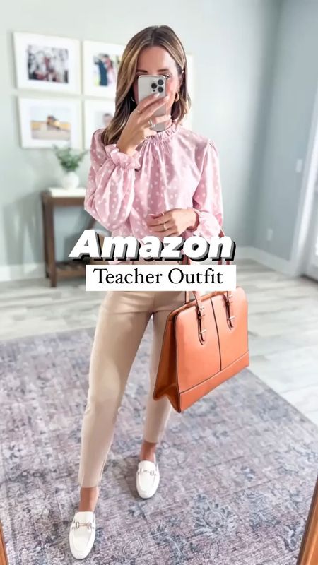 Amazon teacher outfit. Amazon business casual. Amazon pull on pants (sz 0). Amazon work blouse (XS). Amazon mule slides (TTS). Amazon work tote. Amazon work outfit. Teacher style. 

#LTKfindsunder50 #LTKshoecrush #LTKworkwear