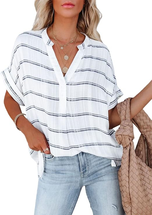 AlvaQ Women Summer V Neck Chiffon Blouses Casual Loose Tunic Short Sleeve Tops | Amazon (US)