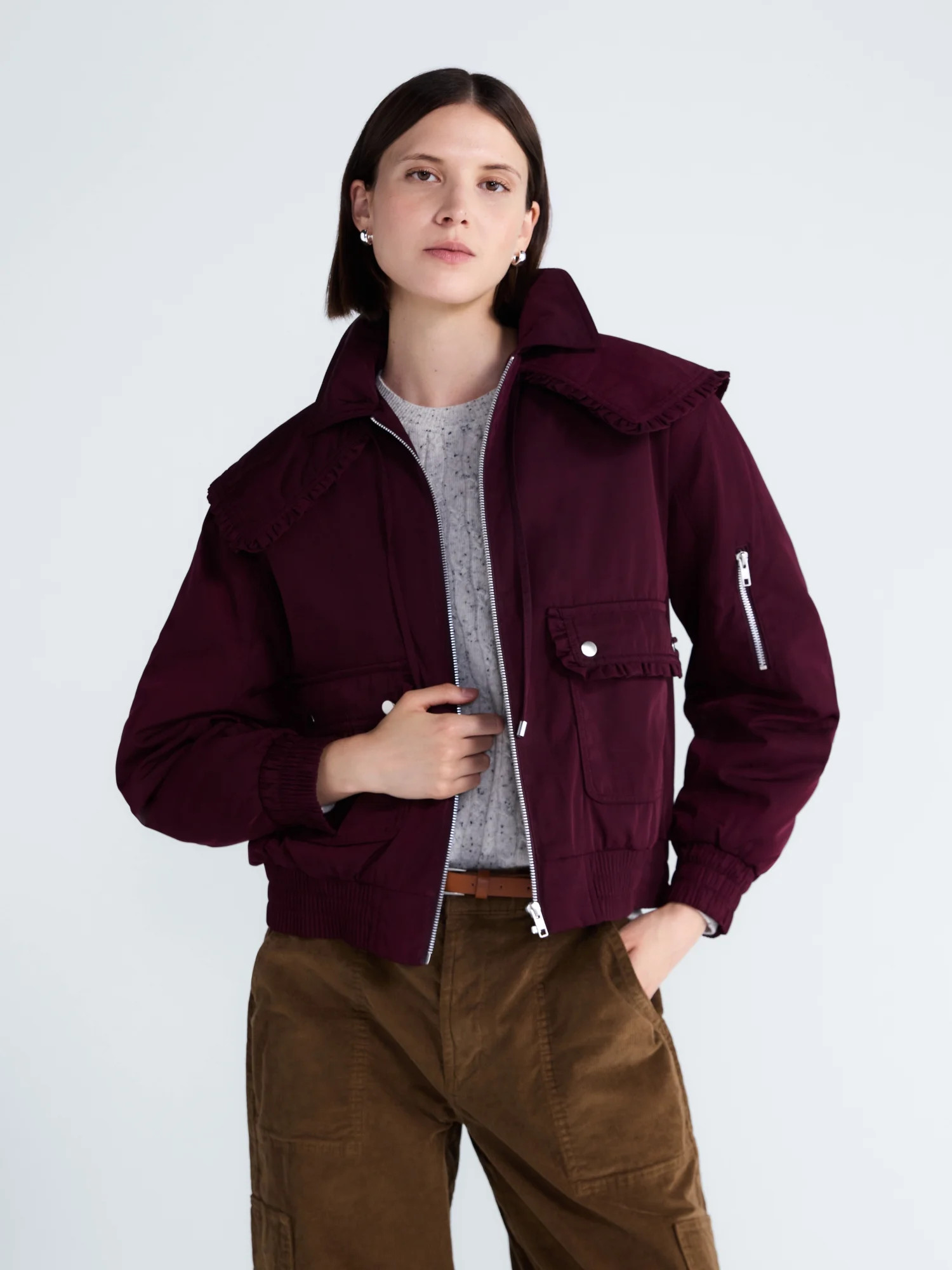 Free Assembly Women's and Women's Plus Ruffle Collar Bomber Jacket, Sizes XS-4X - Walmart.com | Walmart (US)