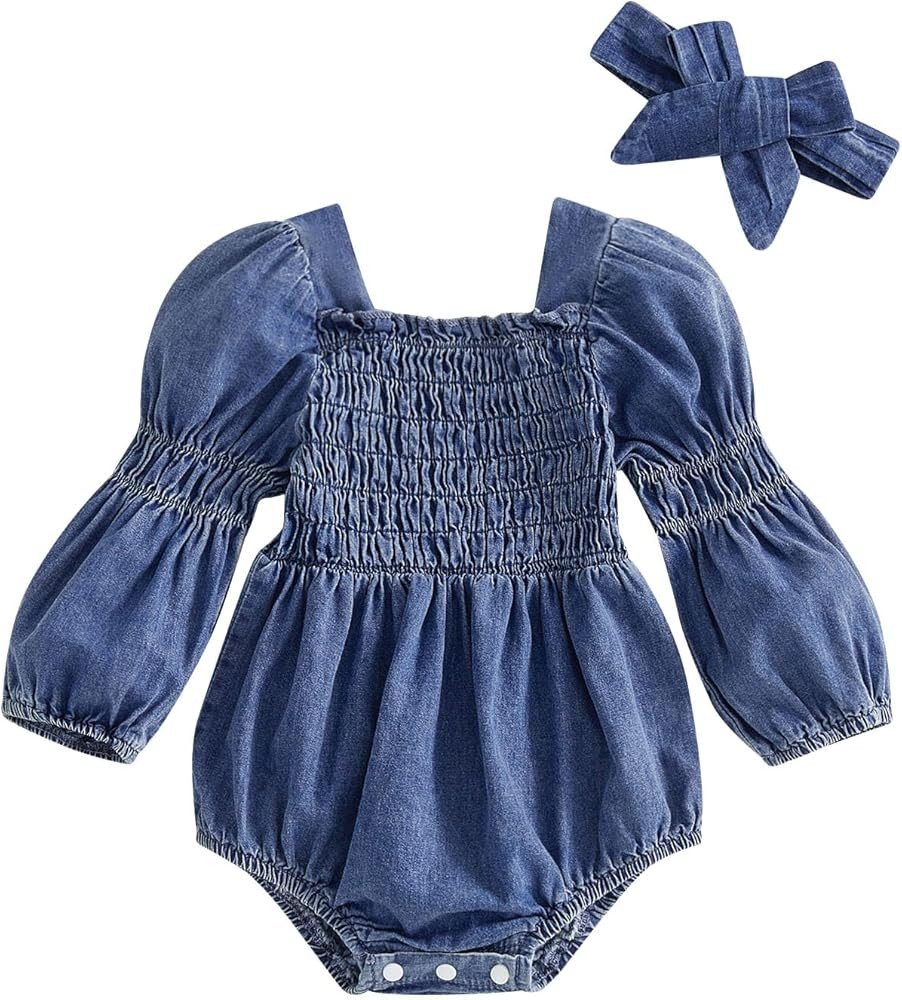 Baby Girls Denim Romper Dress Long Sleeve One Piece Jumpsuits Clothes Spring Summer | Amazon (US)