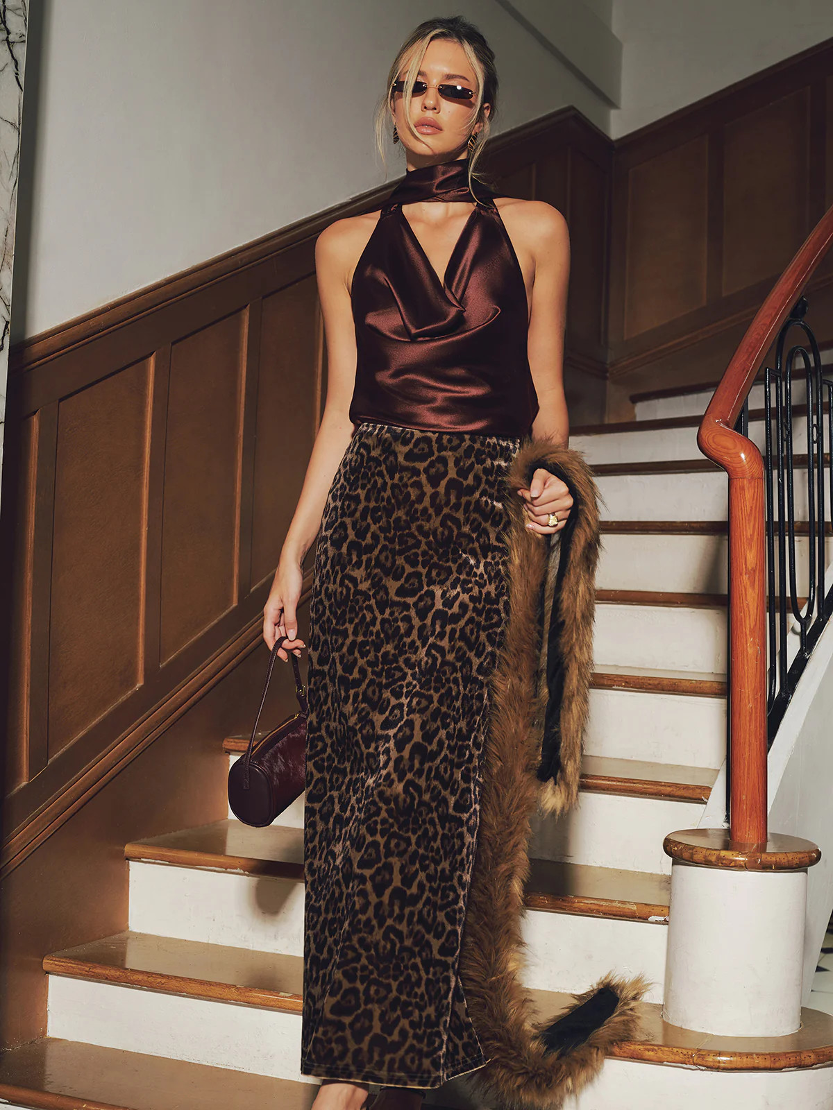Leopard Print Velvet Mermaid Hem Maxi Skirt | Commense