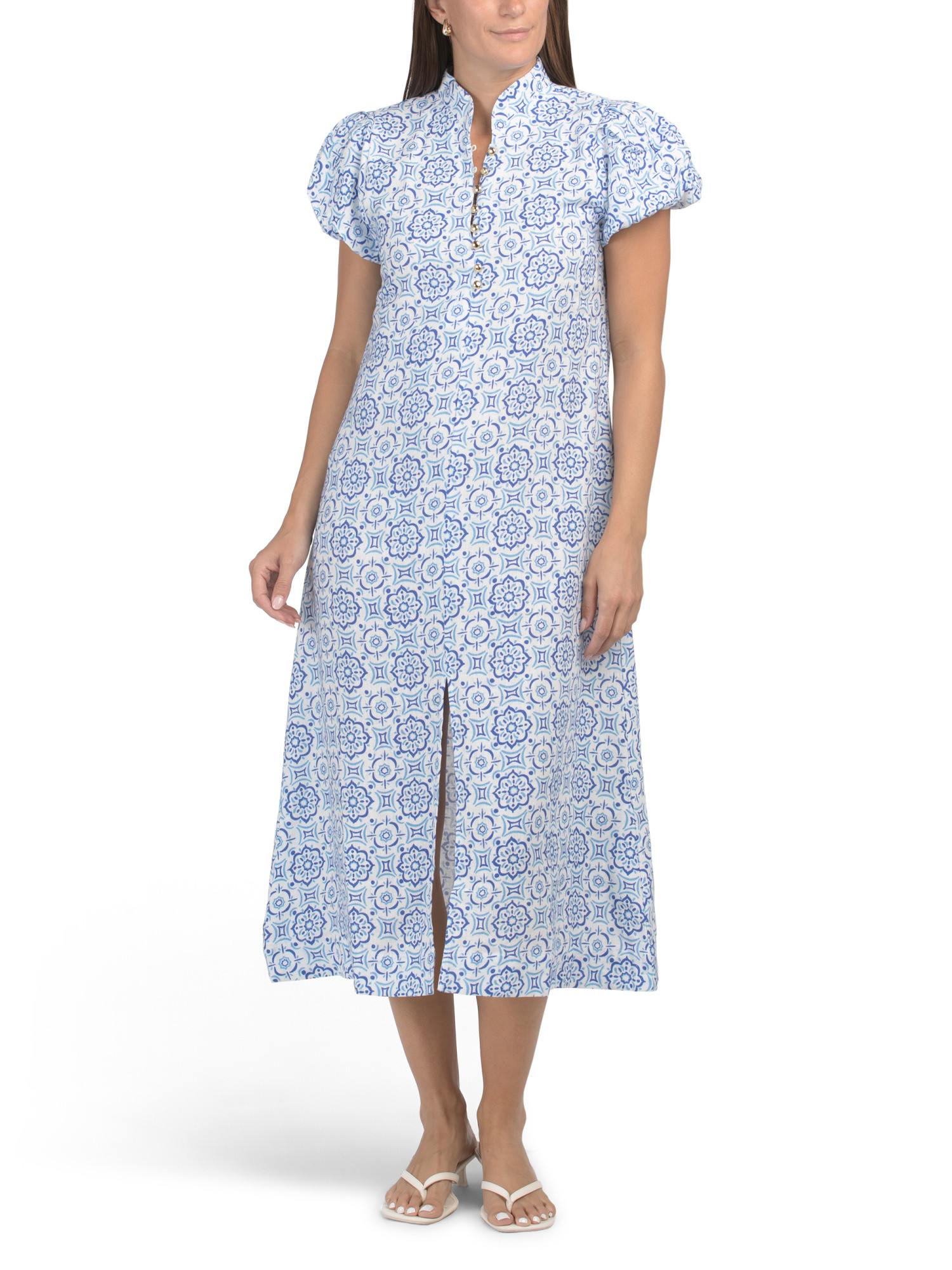 Linen Blend Puff Sleeve Quarter Button Midi Dress | Casual Dresses  | Marshalls | Marshalls