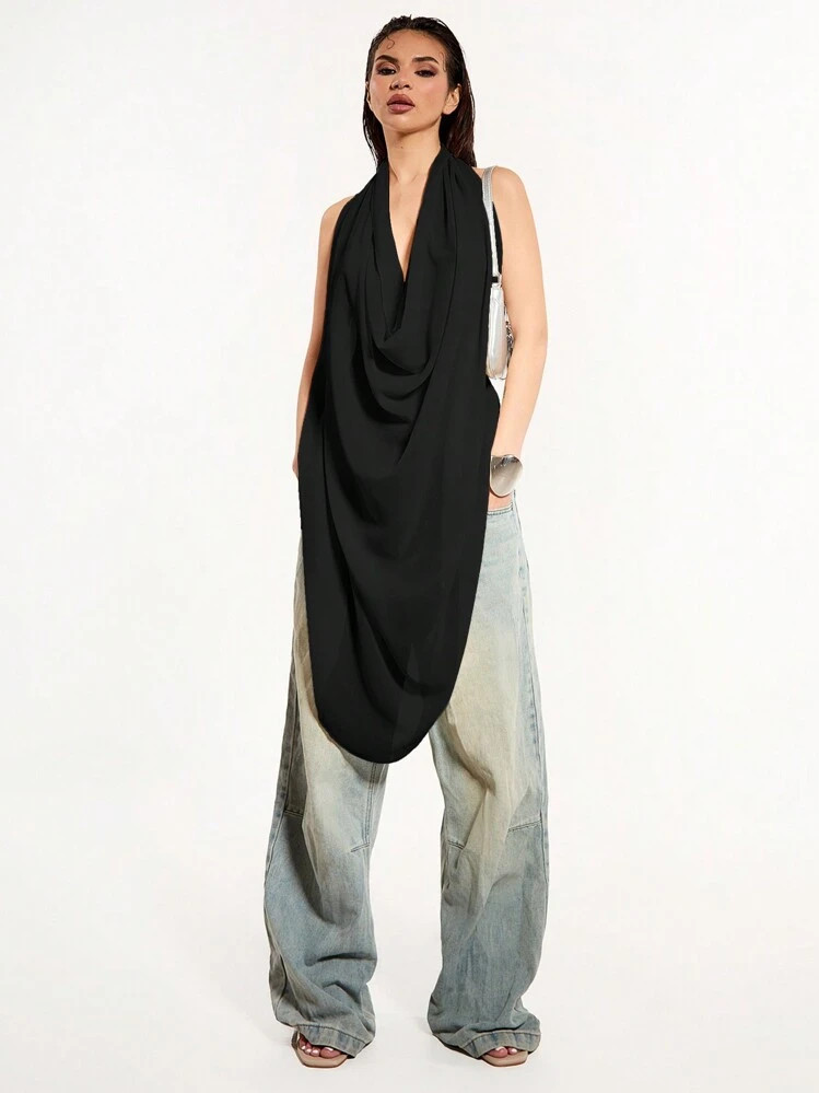 MUSERA Going Out Tops Chiffon Extreme Cowl Neck Backless Top | SHEIN