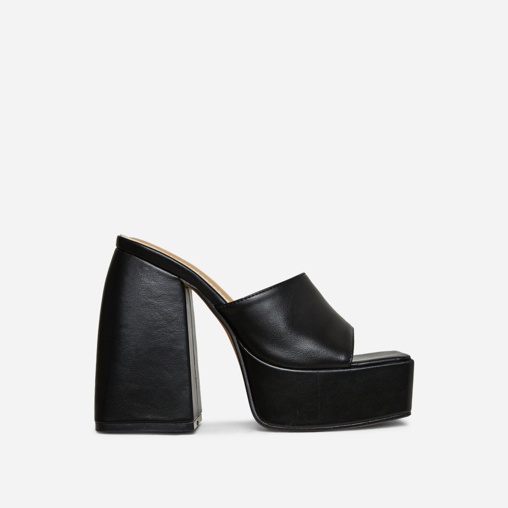 Emerson Square Peep Toe Statement Platform Block Heel Mule In Black Faux Leather | EGO Shoes (US & Canada)