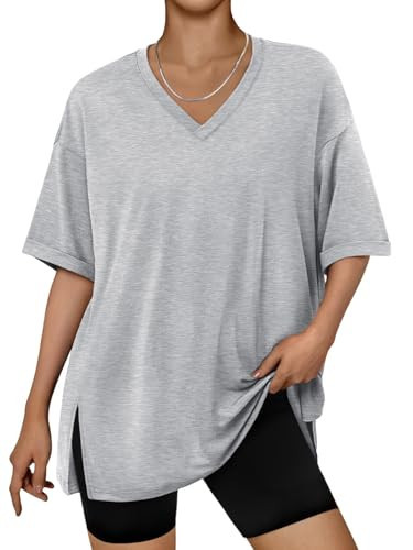 Trendy Queen Plus Size Oversized V-Neck Tshirt Breathable Elastic Fabric Tunic for Workout Gym Casual Homing Wear Grey XXL | Amazon (US)