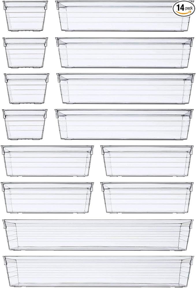 DCA 14 PCS Clear Plastic Drawer Organizer Tray, 4 Sizes Desk Drawer Divider Organizers and Storag... | Amazon (US)