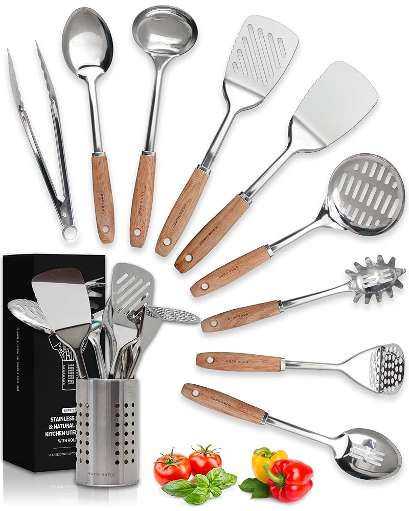 Home Hero Stainless Steel Kitchen Utensils Set - Wood Handle Nonstick Stainless Steel Cooking Ute... | Amazon (US)