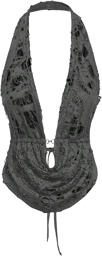 Verdusa Women's Ripped Textured Cowl Neck Halter Top Tie Back Date Night Tops | Amazon (US)