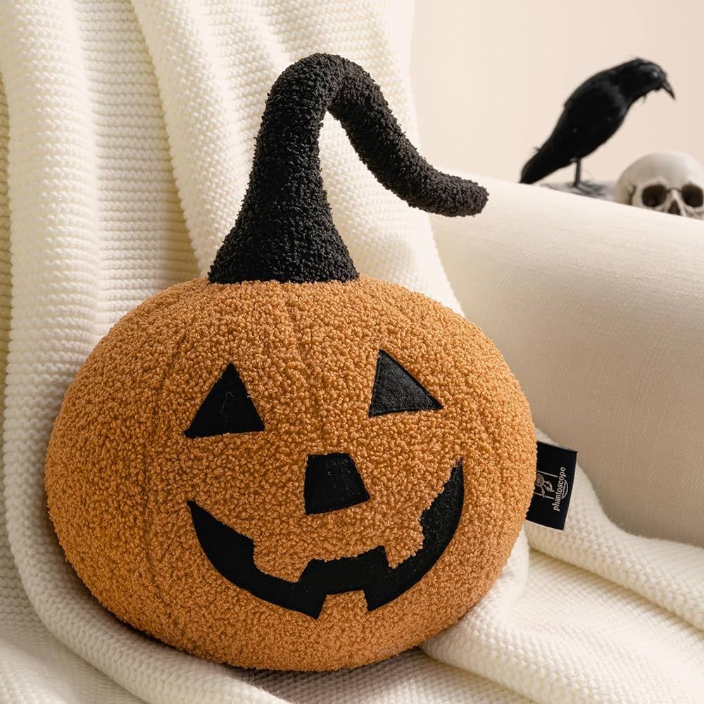 Phantoscope Happy Halloween Pumpkin Shaped Throw Pillow, Teddy Fleece Jack-o’-Lantern Pumpkin P... | Amazon (US)