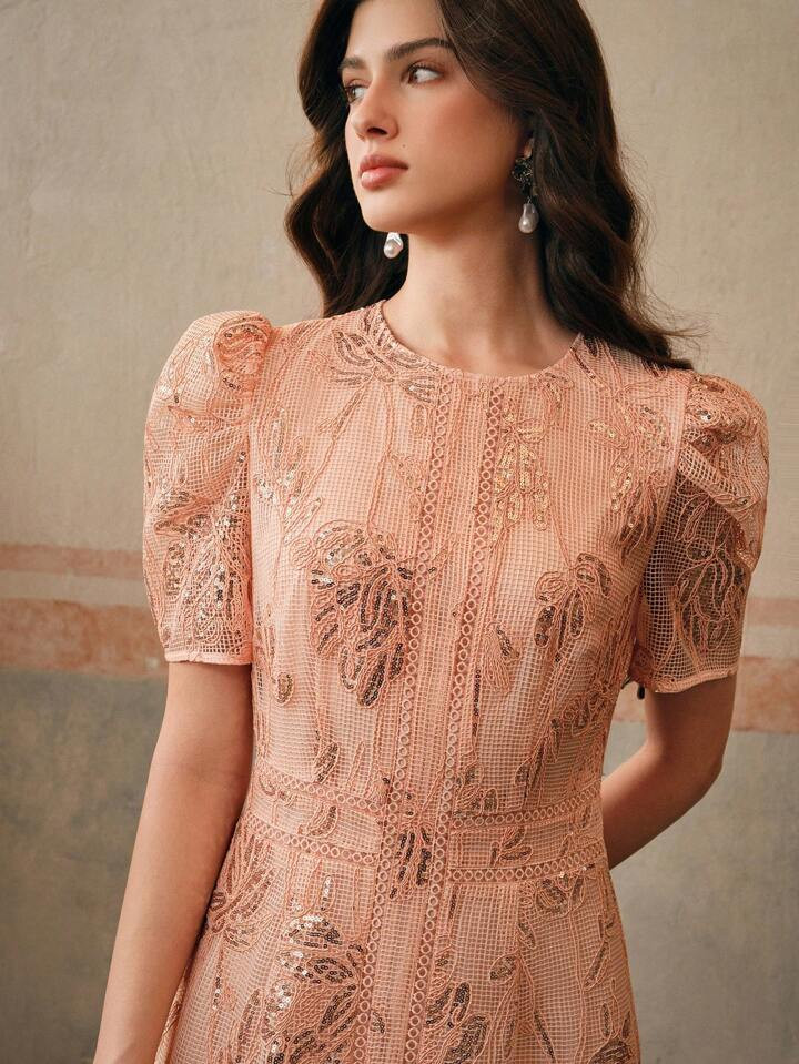 Anewsta Women Elegant Floral Lace Splice Beaded Embroidered Round Neck Short Sleeve Dress | SHEIN