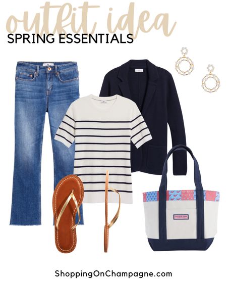 Spring Outfit! Wear jeans with a simple striped top, knitted blazer, gold thong sandals, earrings, and a Vineyard Vines signature tote bag.


#LTKtravel #LTKstyletip #LTKSeasonal