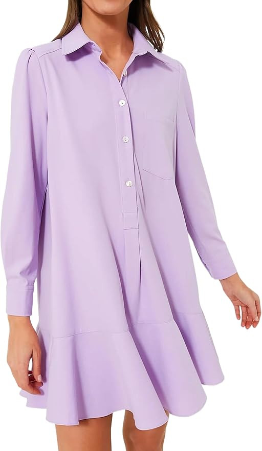 Women's Tunic Shirt Mini Dress Long Sleeve Cotton Drop Waist Collar Short Dress Button Up Ruffle ... | Amazon (US)