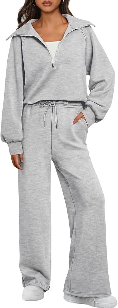 AUTOMET Womens 2 Piece Sweatsuits Loungewear Sets Quarter Zip Pullover Sweatshirts with Wide Leg ... | Amazon (US)