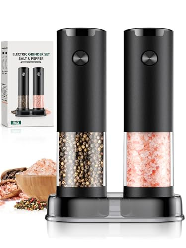 Electric Salt and Pepper Grinder Set Automatic Battery Pepper Mill Shakers Adjustable Coarseness Easy Filling Upgraded Larger Capacity with Led (2 Pack Black/Black） | Amazon (US)