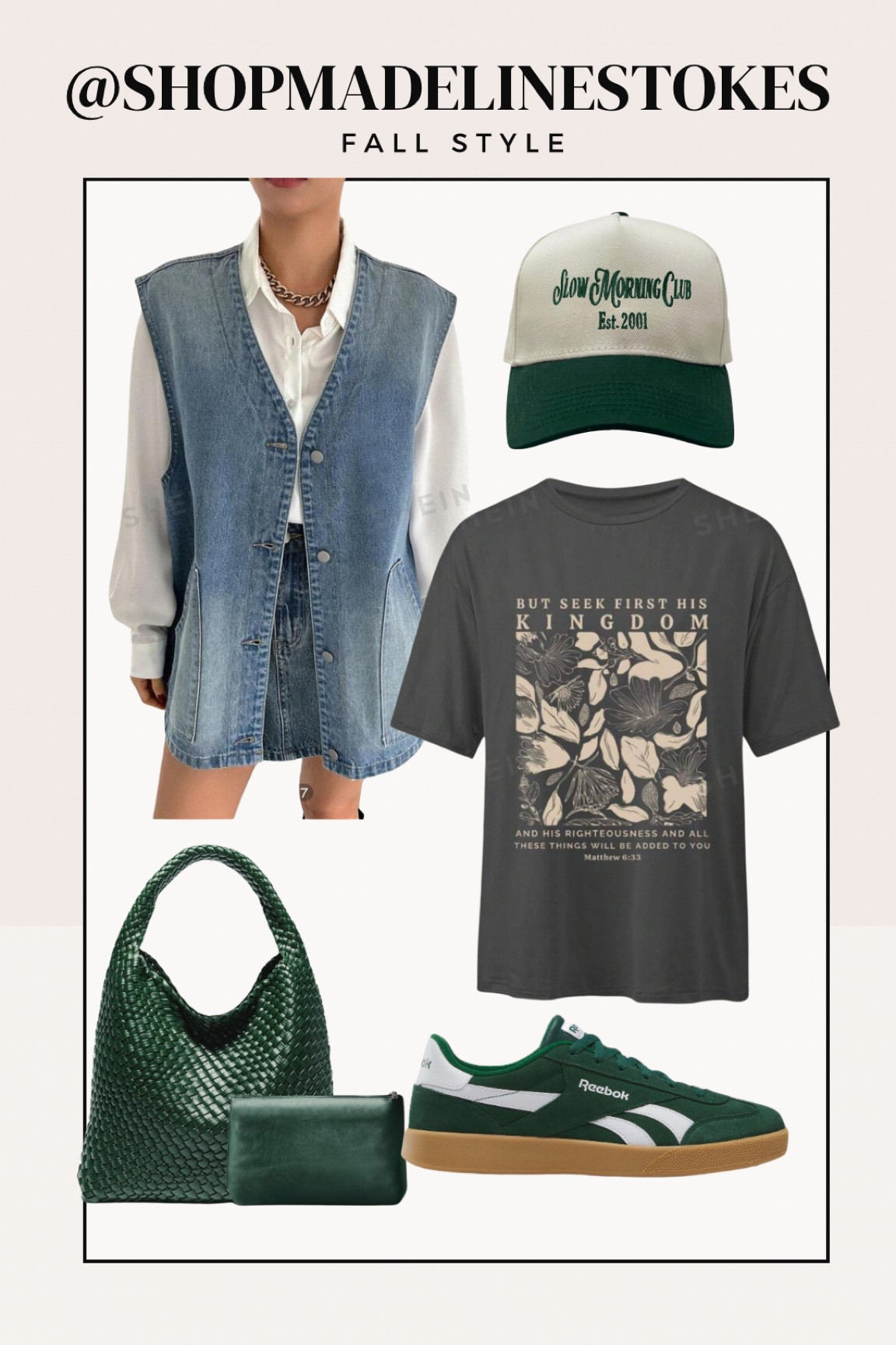 Transitional Fall Outfit - this denim vest is going to be a closet staple to thrown on over t-shirt dresses or sun dresses! I love the sporty look with green sneakers and this gorgeous green woven bag  

#LTKFallSale #LTKFindsUnder50 #LTKSeasonal