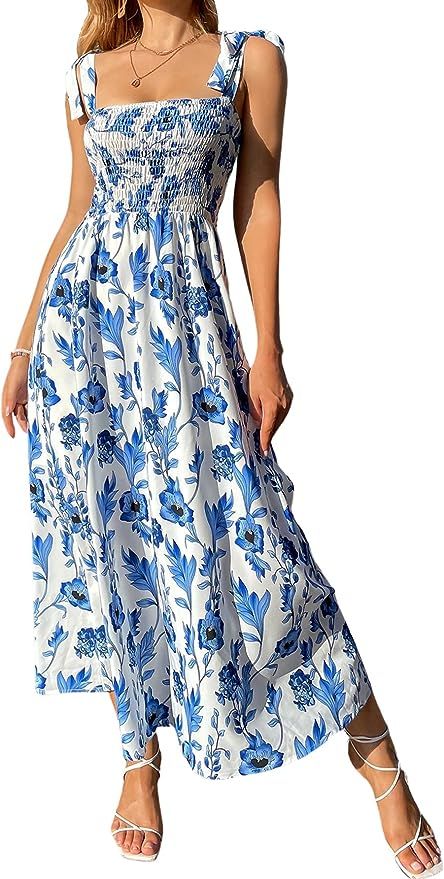 MakeMeChic Women's Summer Floral Boho Sleeveless Spaghetti Strap Shirred Cami Long Maxi Dress | Amazon (US)