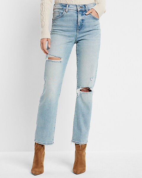 High Waisted Light Wash Ripped Straight Ankle Jeans | Express