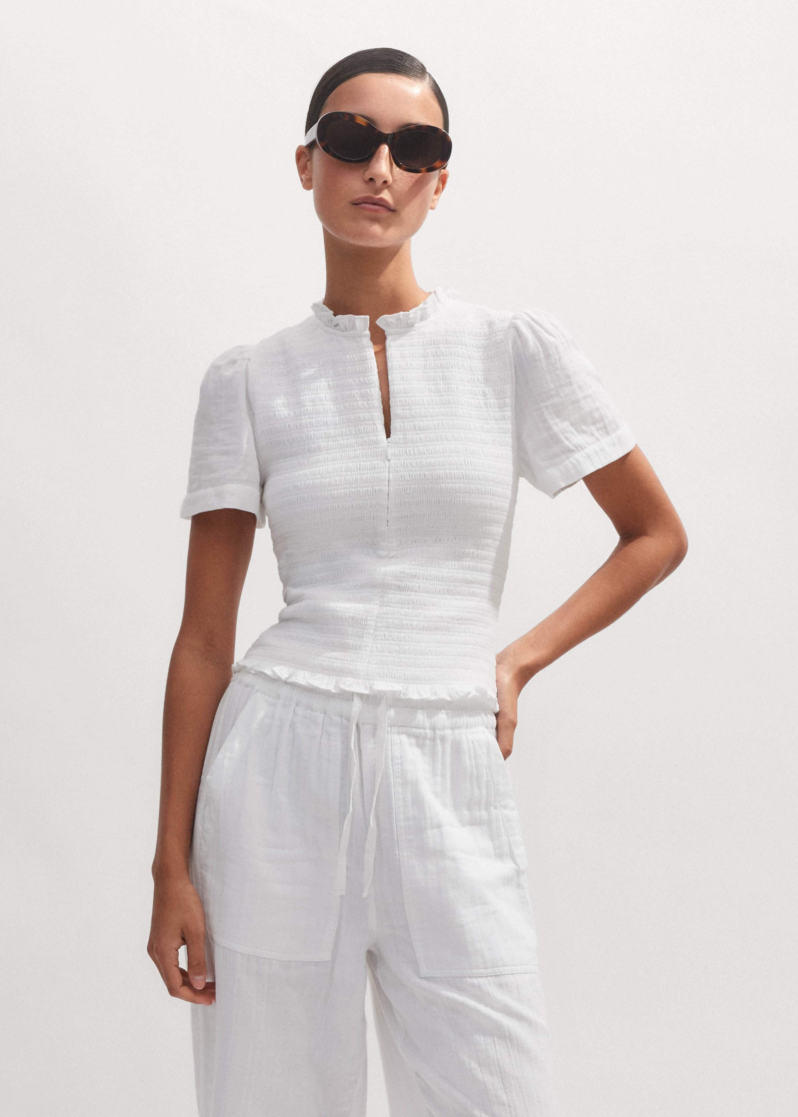 Women's White Cheesecloth Shirred Zip Top | ME+EM | ME+EM US