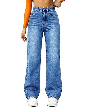Straight Leg Jeans for Women,High Waisted Wide Leg Loose Microelastic Boyfried Denim Pants | Amazon (US)