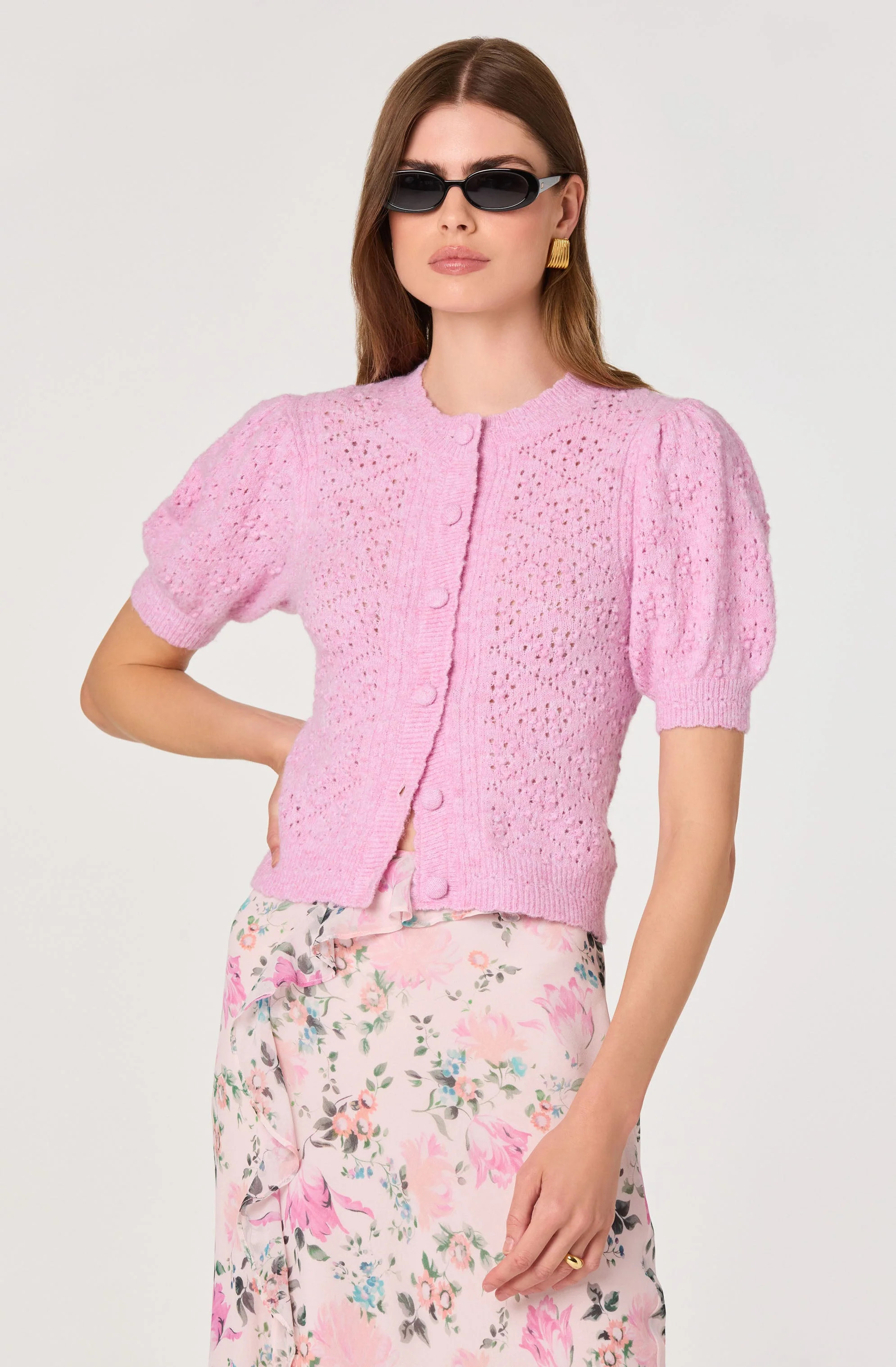 ASTR The Label - Kaydence Puff Sleeve Bobble Stitch Cardigan - Pink | Jones & Daughters