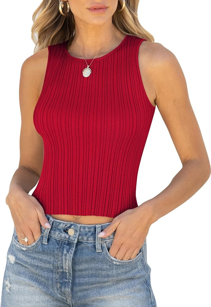 ANRABESS Womens Summer Sleeveless Ribbed Knit Stretchy Tank Sweater Lightweight Shirt Crop Tops 2... | Amazon (US)