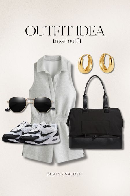 Travel outfit idea! 💚 
Romper, jumpsuit, sunglasses, polarized, sneakers, nike, weekender bag, gold earrings, gold hoops, black bag, vacation, flight, road trip 

#LTKtravel #LTKU #LTKstyletip