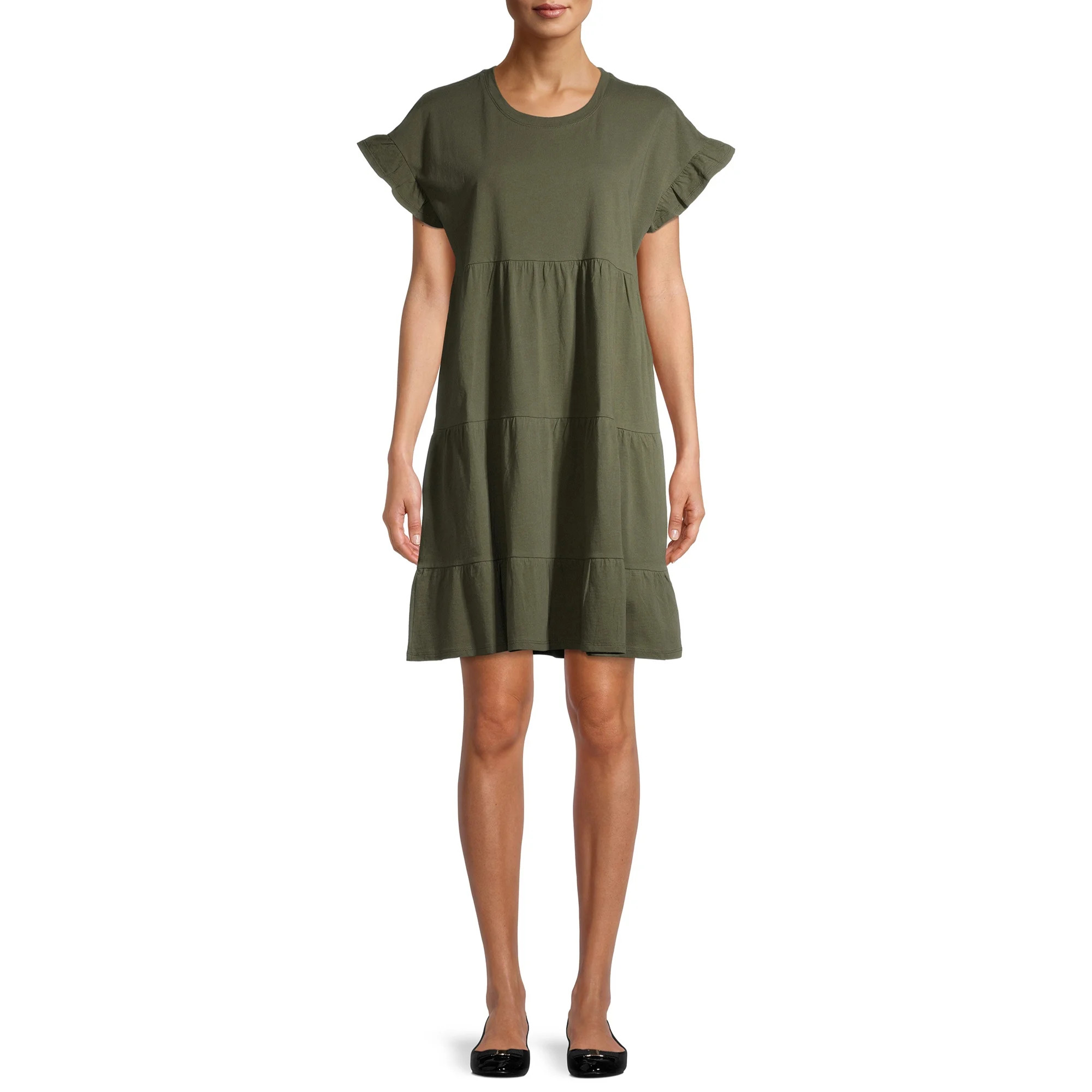 Time and Tru Women's Flutter Sleeve Tiered Dress | Walmart (US)