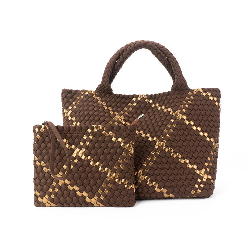 The Charli | Large Woven Neoprene Tote with Wristlet | Cocoa with Gold Stripe | Babs+Birdie