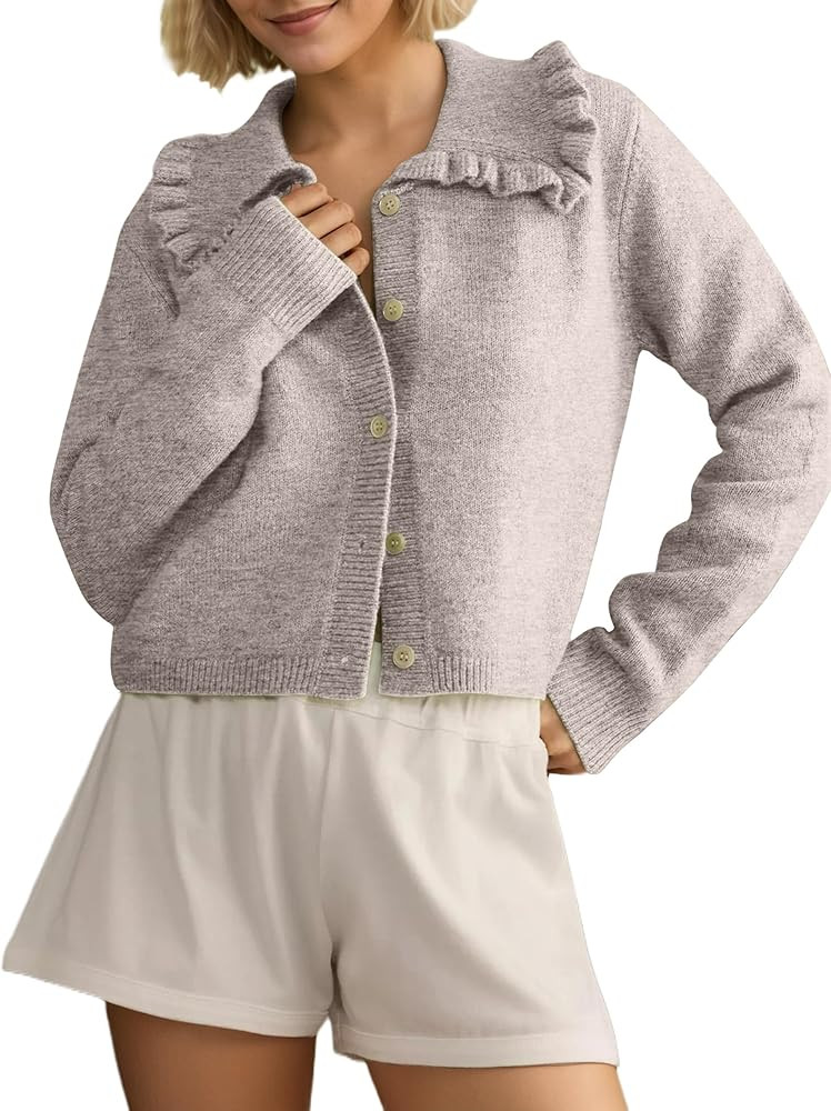 Ythomm Womens Ruffle Collar Cropped Cardigans Button Down Open Front Long Sleeve Knit Sweater Jac... | Amazon (US)