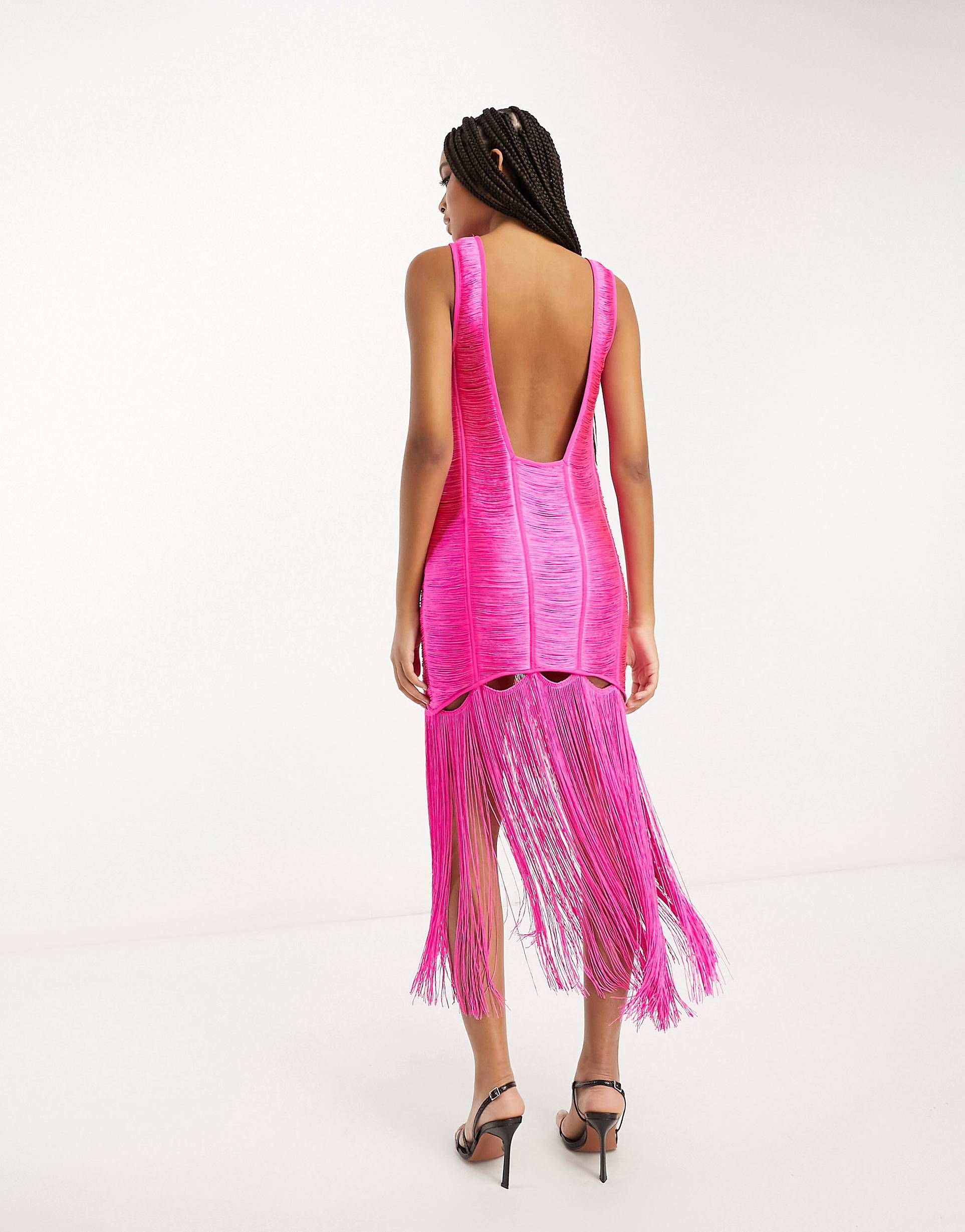 ASOS DESIGN fringe shift midi dress with cut out detail in pink | ASOS (Global)