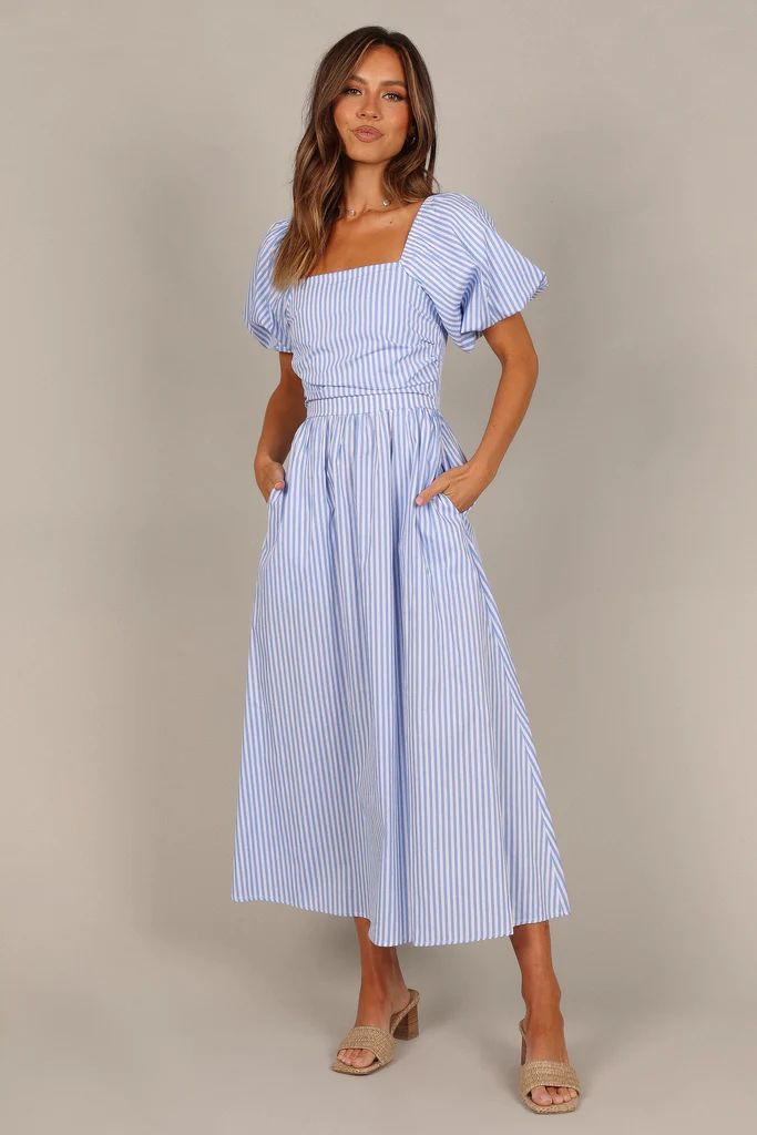 Clo Puff Sleeve Midi Dress - Blue Stripe | Petal & Pup (US)