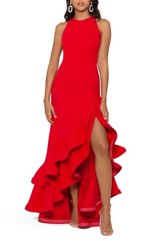 Betsy & Adam Ruffle Halter Crepe Gown in Red at Nordstrom, Size 12 | Nordstrom