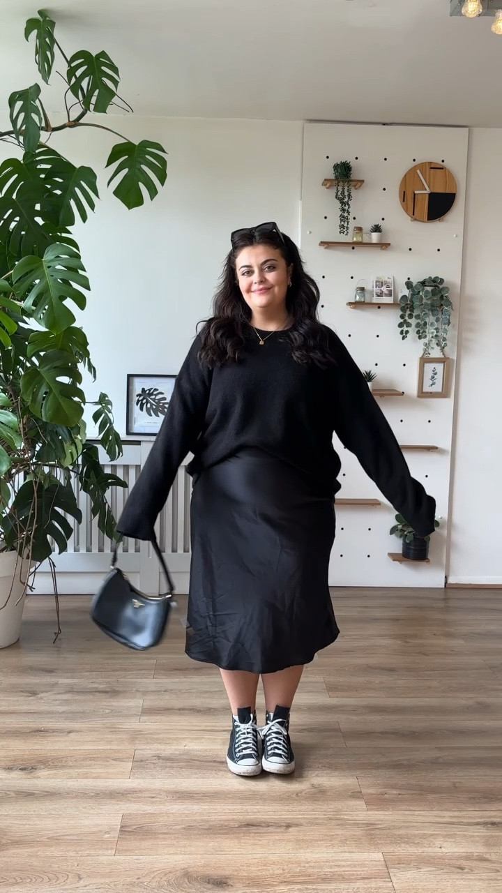 All black outfit satin midi skirt casual jumperr

#LTKplussize #LTKmidsize #LTKeurope