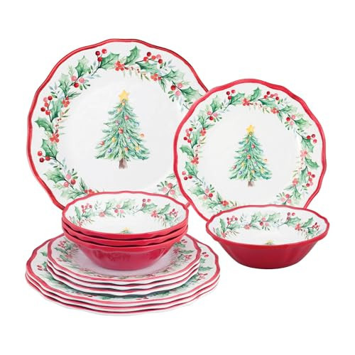 UPware 12 Piece Christmas Tree Melamine Dinnerware Sets, Outdoor Dishes Set, Plates and Bowls Sets, Christmas Decorations, Service for 4, Red | Amazon (US)