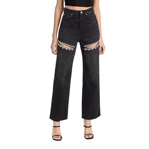 LaurelTree Women's Baggy High Waist Jeans with Rhinestone Studded Cut Outs Ripped Bedazzled Denim Fashion Y2K Wide Leg Pants XX-Large Black | Amazon (US)