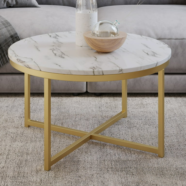 Lavish Home Round Coffee Table with Faux Marble Top and Metal Crossbeam Base, White/Gold | Walmart (US)