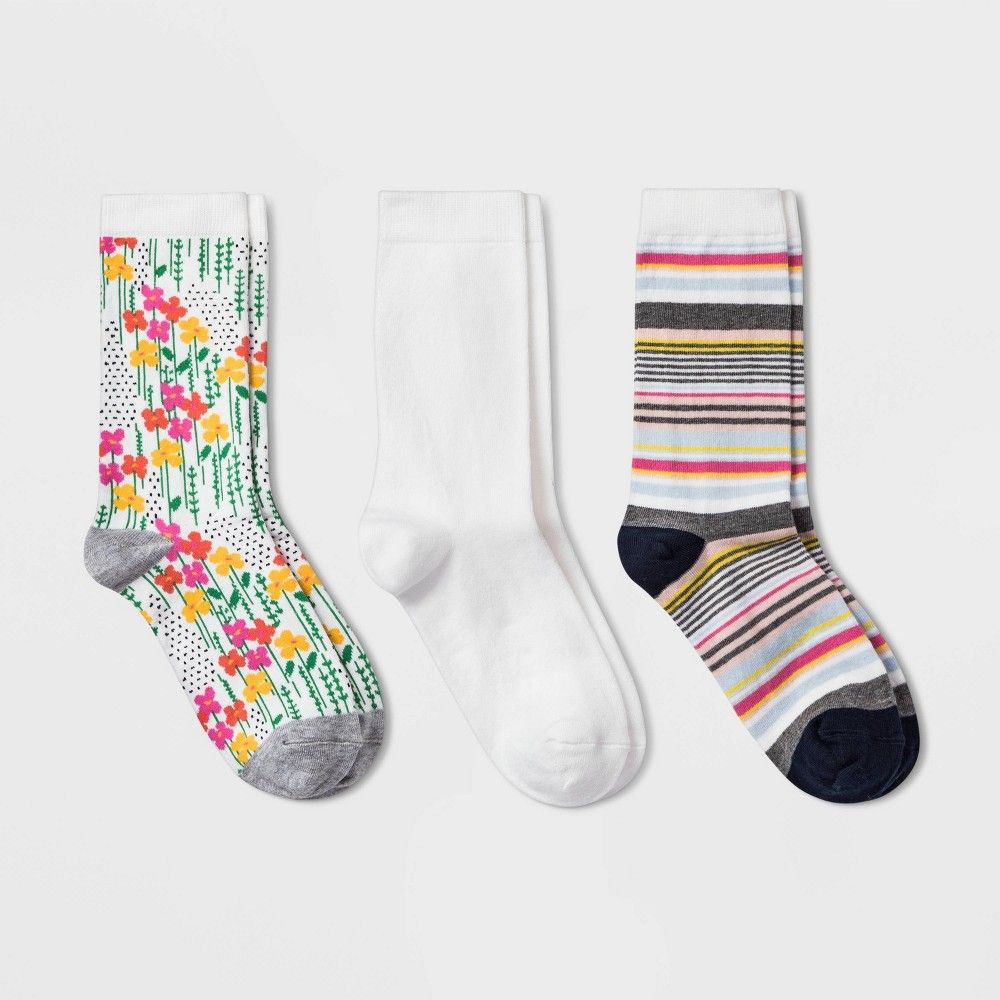 Women's Floral 3pk Crew Socks - A New Day White 4-10 | Target