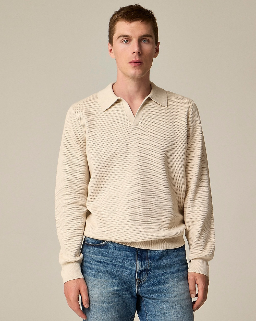 Long-sleeve cotton mesh-stitch johnny-collar sweater-polo | J. Crew US