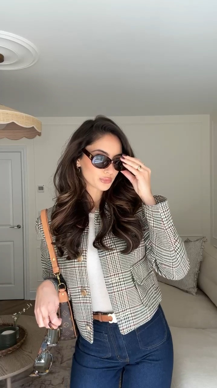 Causal autumn chic outfit for a day of meetings in the city 🌆🍂 checkered plaid collar crop jacket from Anthropologie, dark blue jeans and tan accessories 

#FashionMonth #LTKworkwear #LTKautumn