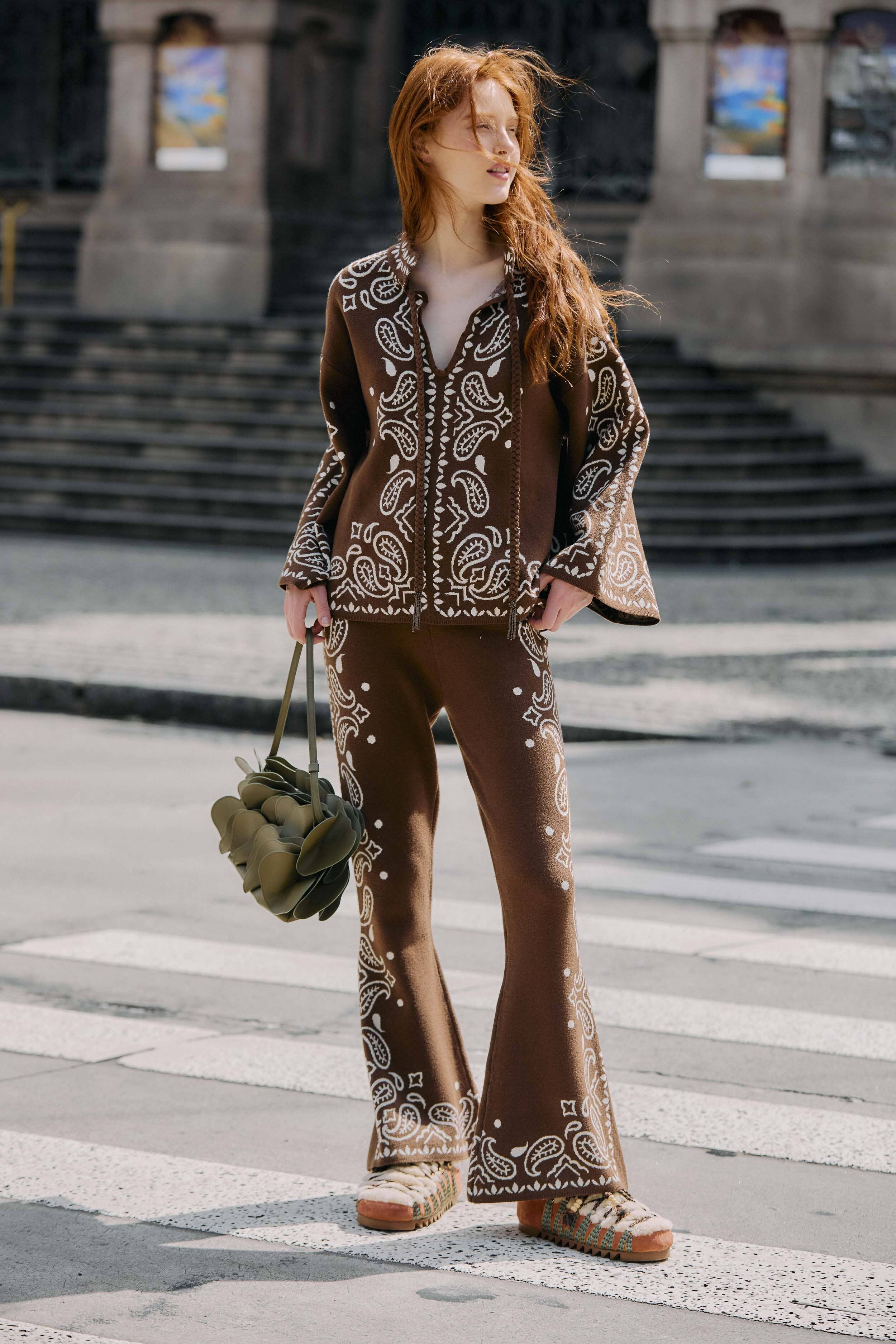 Brown Bohemian Paisley Flare Knit Pants | FARM Rio | FarmRio (US)