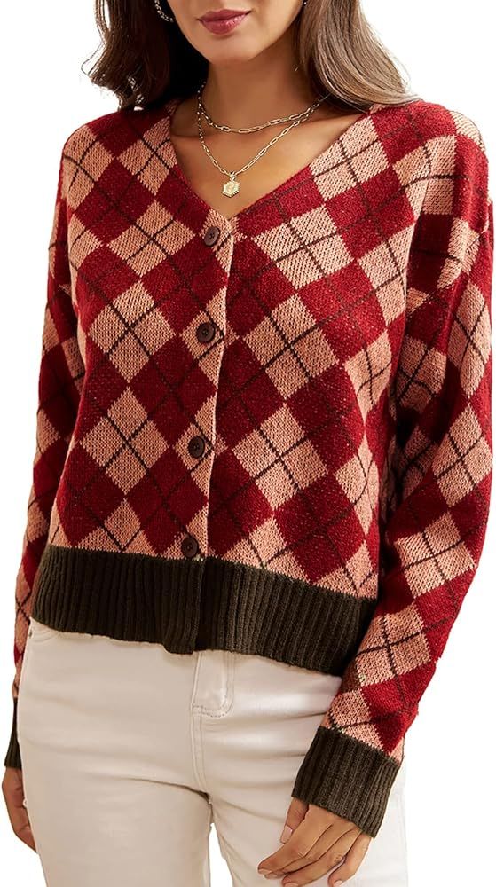 GRACE KARIN Women's V Neck Button Cardigan Sweaters Argyle Long Sleeve Cropped Knit Outwear | Amazon (US)