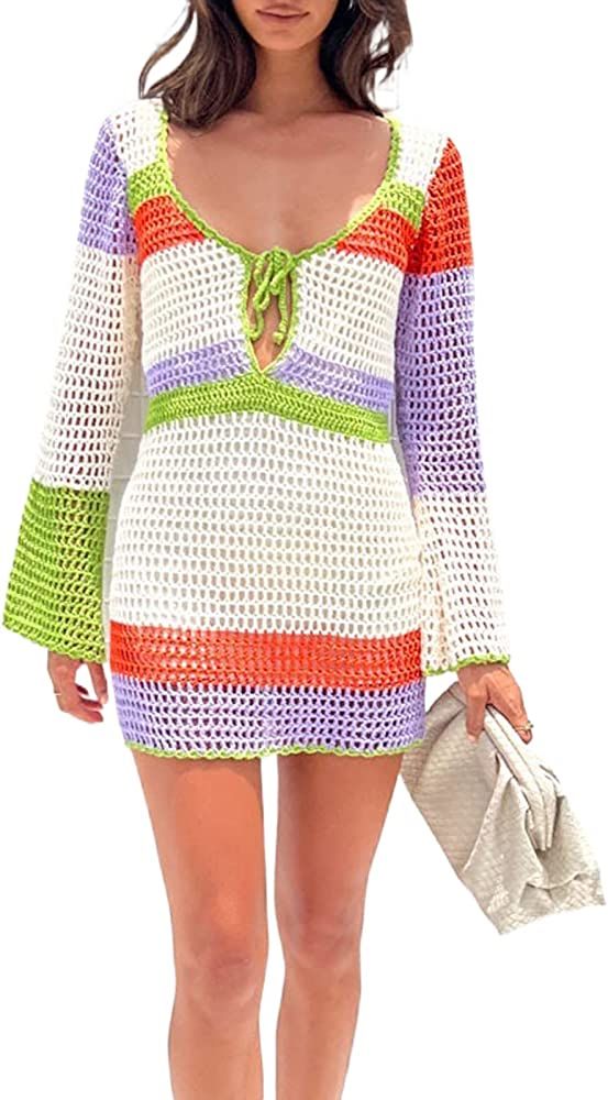 Argeousgor Women Stripe Knit Beach Dress Long Sleeve Backless Summer Crochet Cover Up Short Dress Bo | Amazon (US)