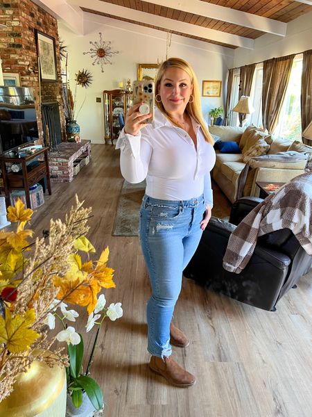 Classic white top, jeans and boots 🍂 
Perfect Fall outfit 👌 
Wearing XL bodysuit
Size 15 jeans, style Good Straight
Boots size up 1/2 

#LTKcurves #LTKstyletip #LTKSeasonal
