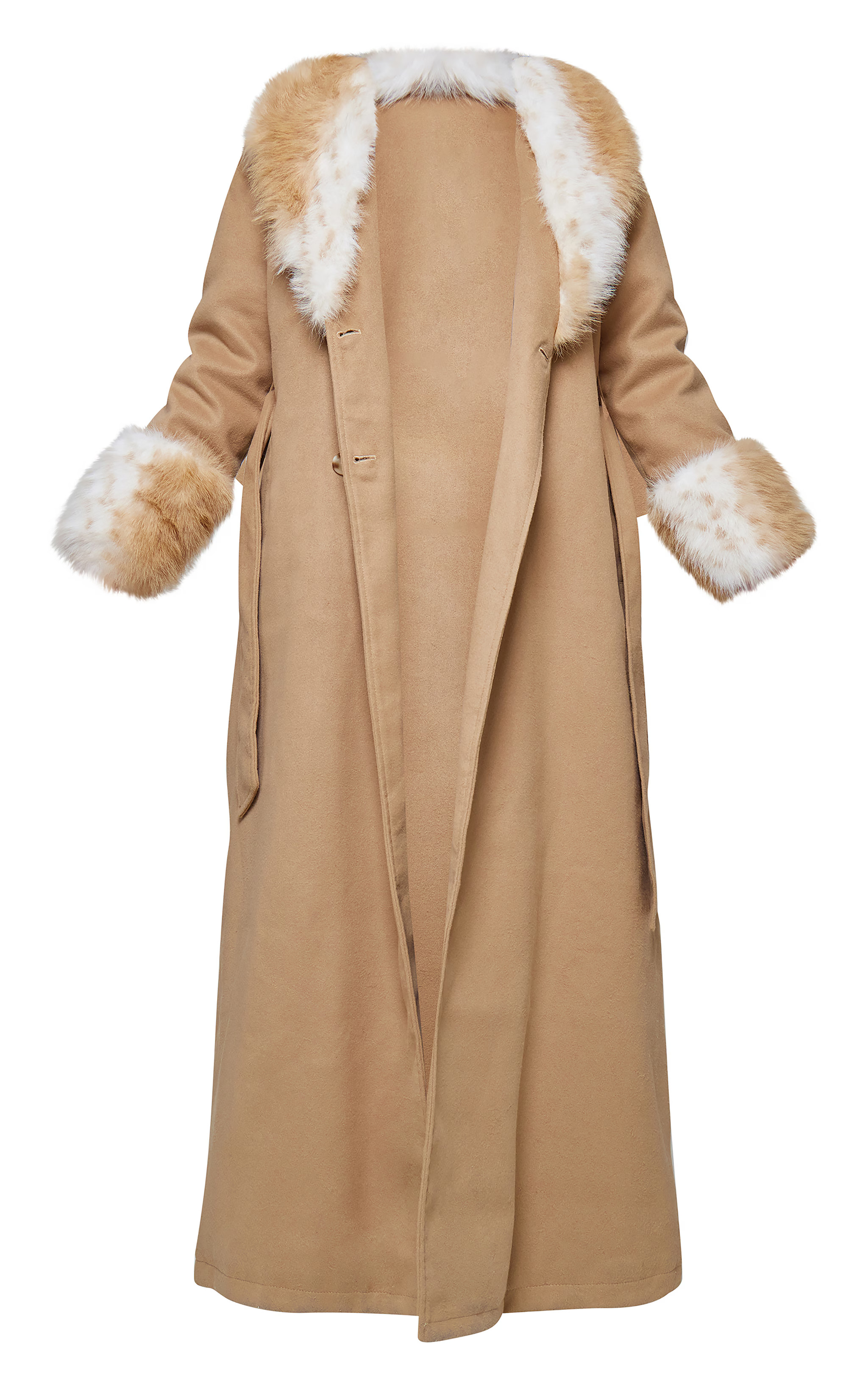 Mushroom Faux Fur Trim Contrast Wool Maxi Coat | PrettyLittleThing US